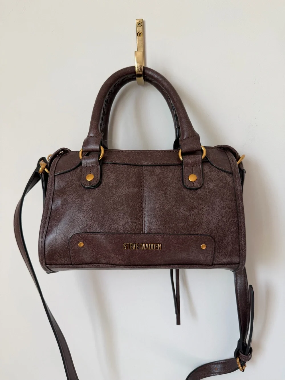 Brown Leather Mini Satchel bag with rhinestone heart charm gold hardware